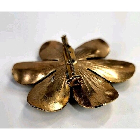 Vintage Gold tone Daisy Brooch With Amber Rhinestone Center Black Accent Pin - Picture 8 of 10